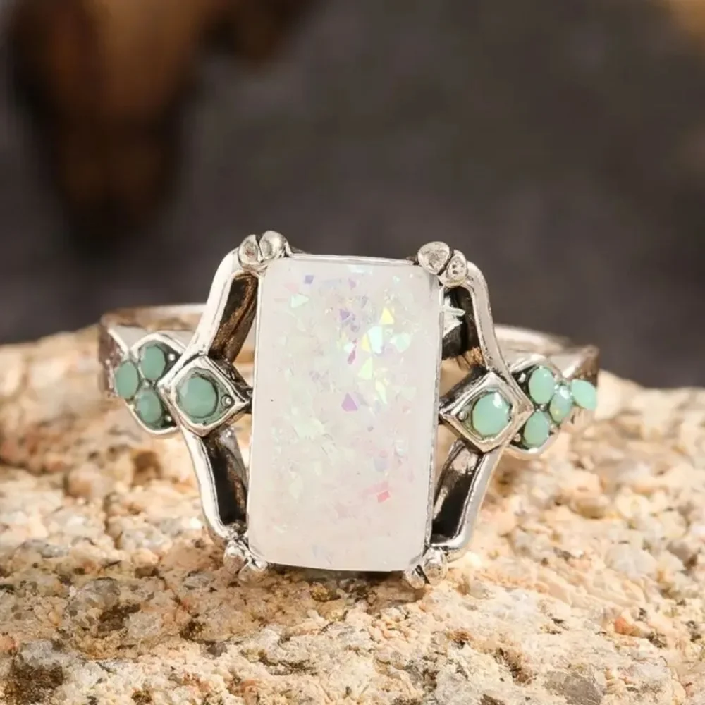 Rectangle White Opal Antique Silver Rings - Picture 5 of 12